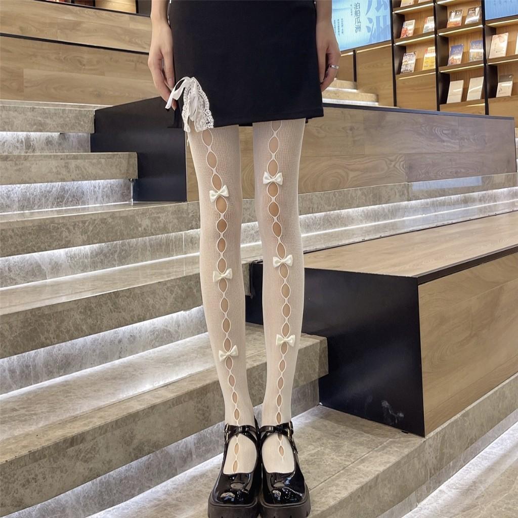 Quần tất/ vớ quần REN LƯỚI ĐÍNH NƠ DỌC phong cách lolita thoáng mát, cá tính, cosplay phong cách, thời gian hot.trend cho Nữ Women