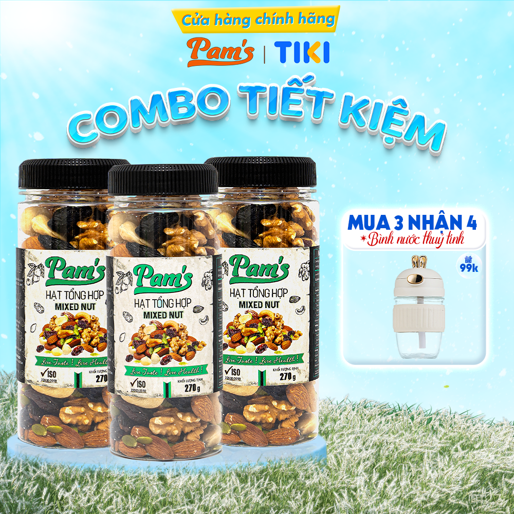 Combo 3 Hũ Ngũ Cốc Mix 6 Loạimacca Hạnh Nhân Điều Nhân Óc Chó Hạt Bí Nho Úc Pams 270Gx3 810G