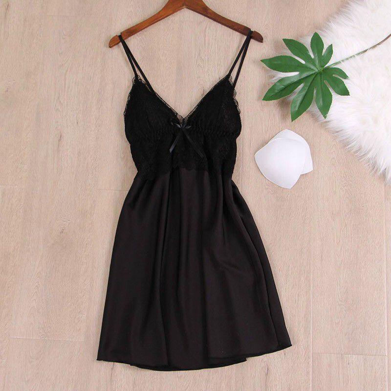 Váy ngủ,đầm ngủ lụa 2 dây phối ren cực xinh xắn kèm chip ren xinh xắn