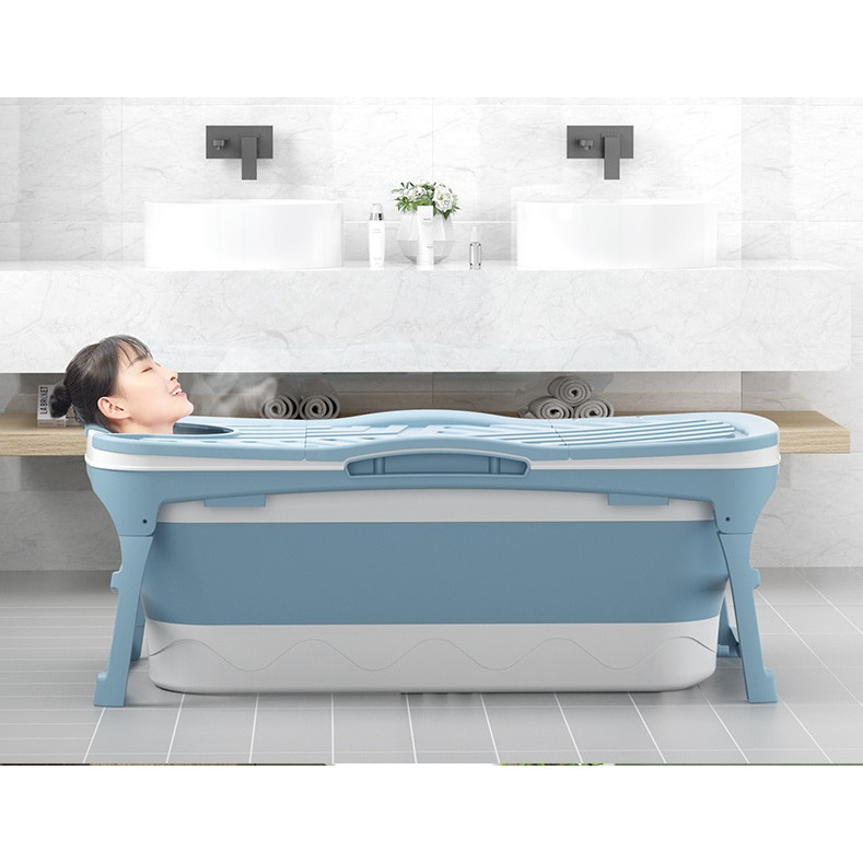 Bồn Tắm Gấp Gọn Người Lớn Dài 118cm Chất Liệu Silicon Cao Cấp, Thiết Kế Chắc Chắn, An Toàn -hàng chính hãng – Có nắp – Xanh 1m43