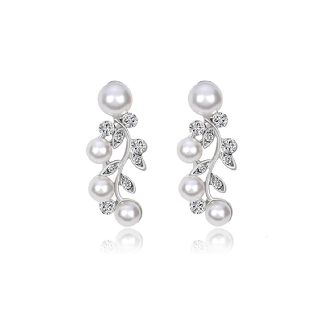Crystal Rhinestone Pearl Flower Leaf Necklace Earrings Set Wedding Jewelry
