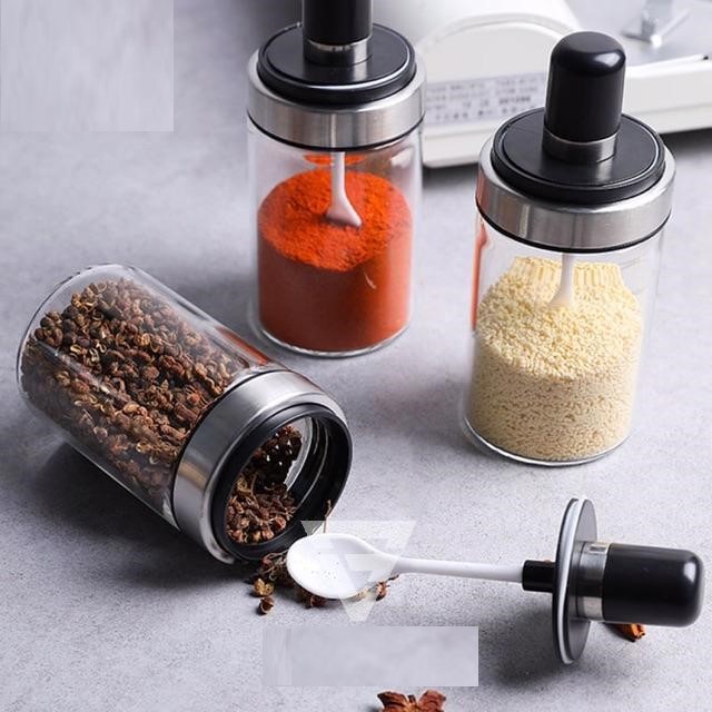 HŨ ĐỰNG GIA VỊ ĐỂ BẾP CAO CẤP TIỆN LỢI HR - LỌ THỦY TINH - HŨ THUỶ TINH ĐỰNG GIA VỊ NHÀ BẾP KÈM MUỖNG MÚC MẪU MỚI