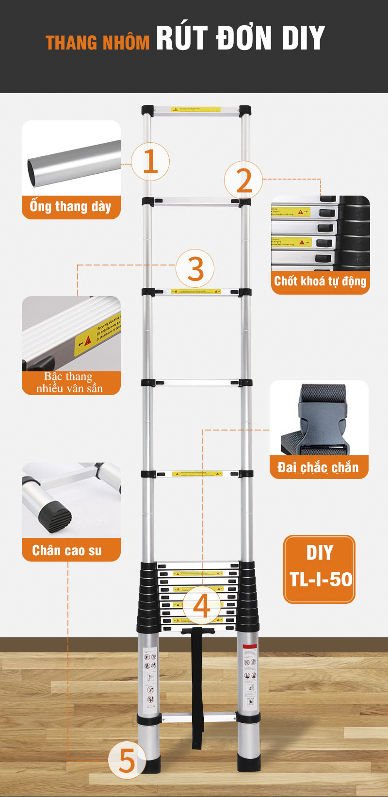 Thang nhôm rút đơn DIY TL-I-50 chiều cao tối đa 5m, rút gọn 1m, tải trọng 150kg, đế cao su chống trượt, nút khóa chắc chắn