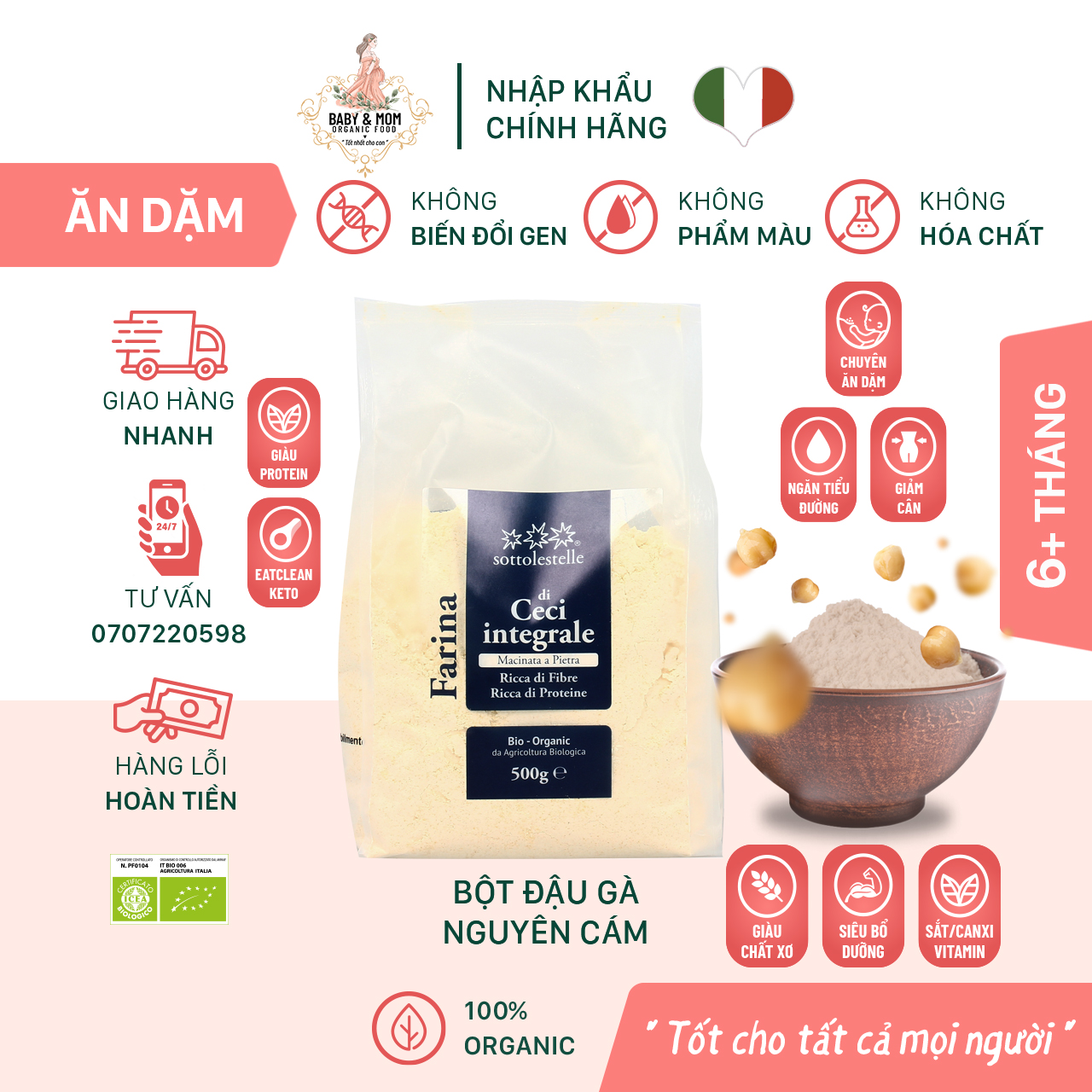 Bột đậu gà nguyên cám hữu cơ Sottolestelle 500g