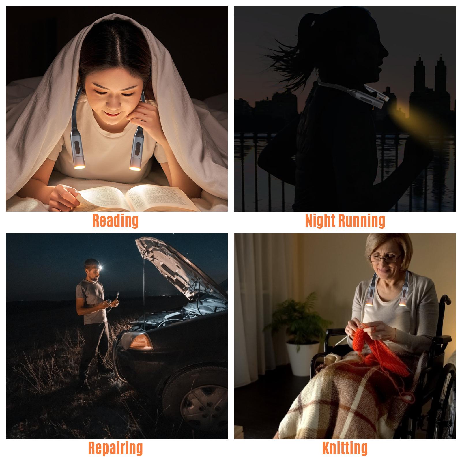 LED Neck Reading Light USB Rechargeable Book Light Bendable Silicone Arm Hand-Free 3 Colors Mode Stepless Dimming