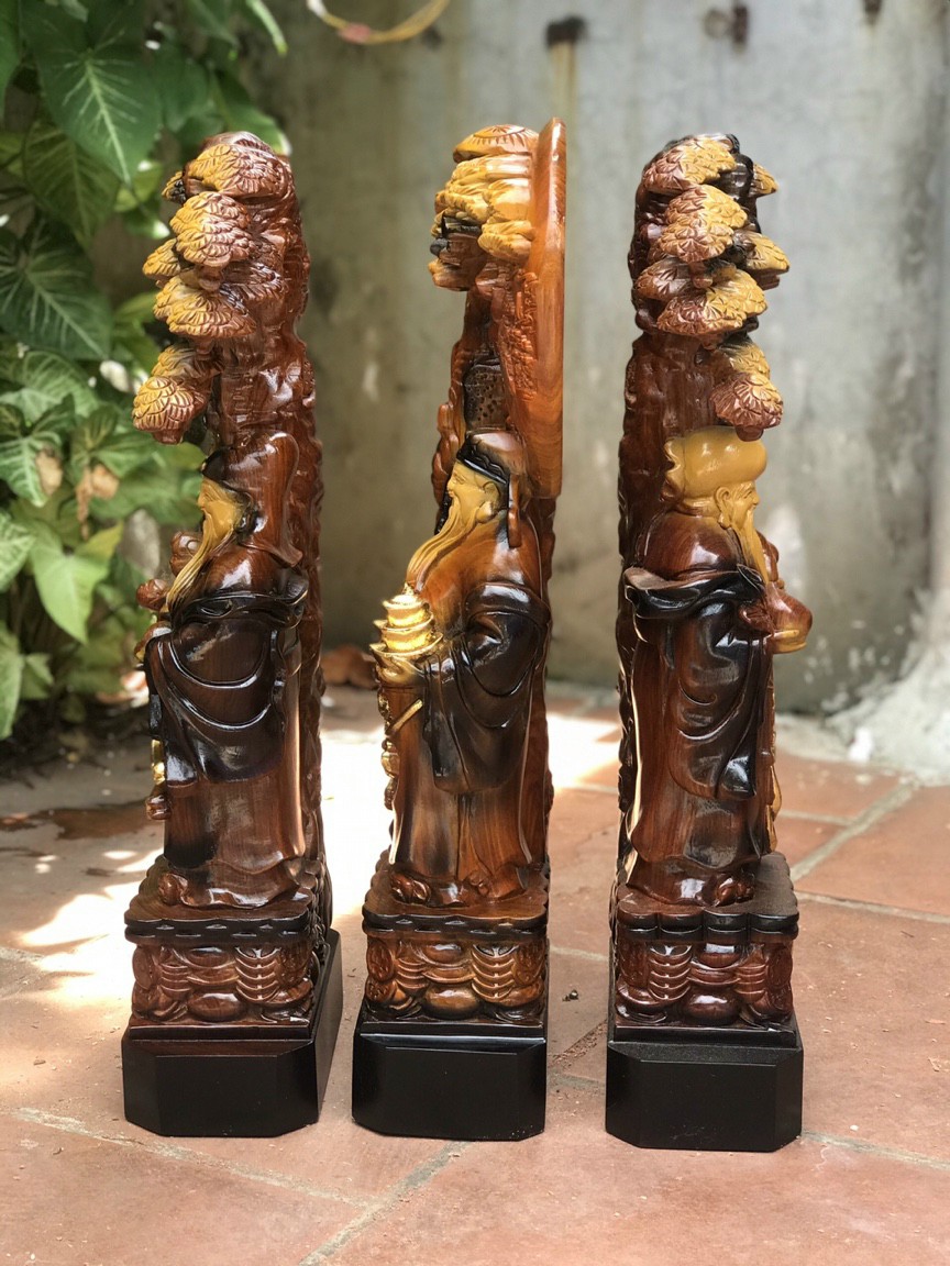Bộ tượng phật tam đa phúc lộc thọ đứng gốc cây tùng bằng gỗ hương đá kt cao 50×20×10cm