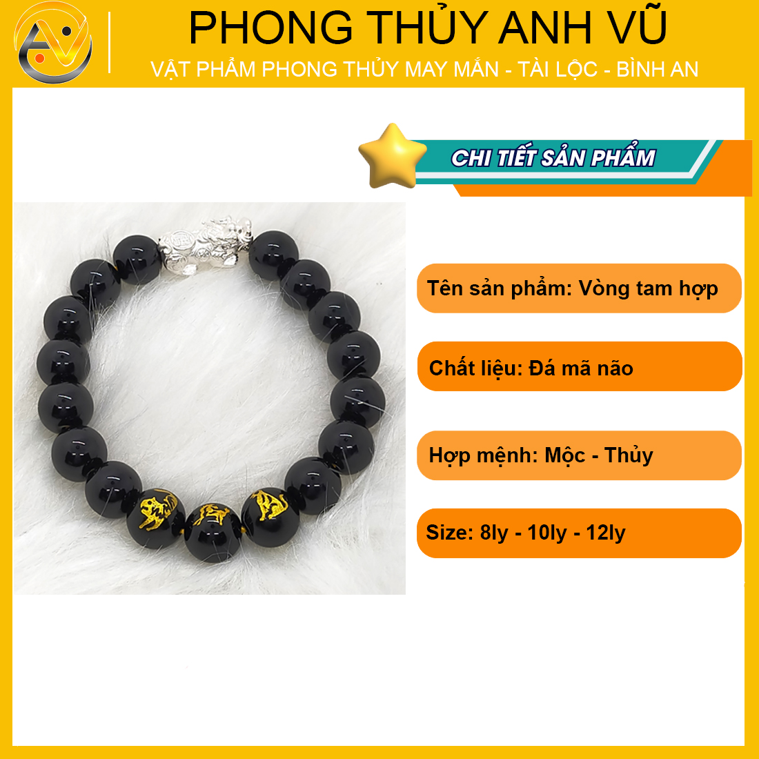 Vòng tay tỳ hưu tam hợp dần ngọ tuất chất liệu mã não đen - size 8 10 12ly cho người mệnh mộc, mệnh thủy - có khai quang điểm nhãn may mắn tài lộc - bảo hành 12 tháng - PHONG THỦY ANH VŨ
