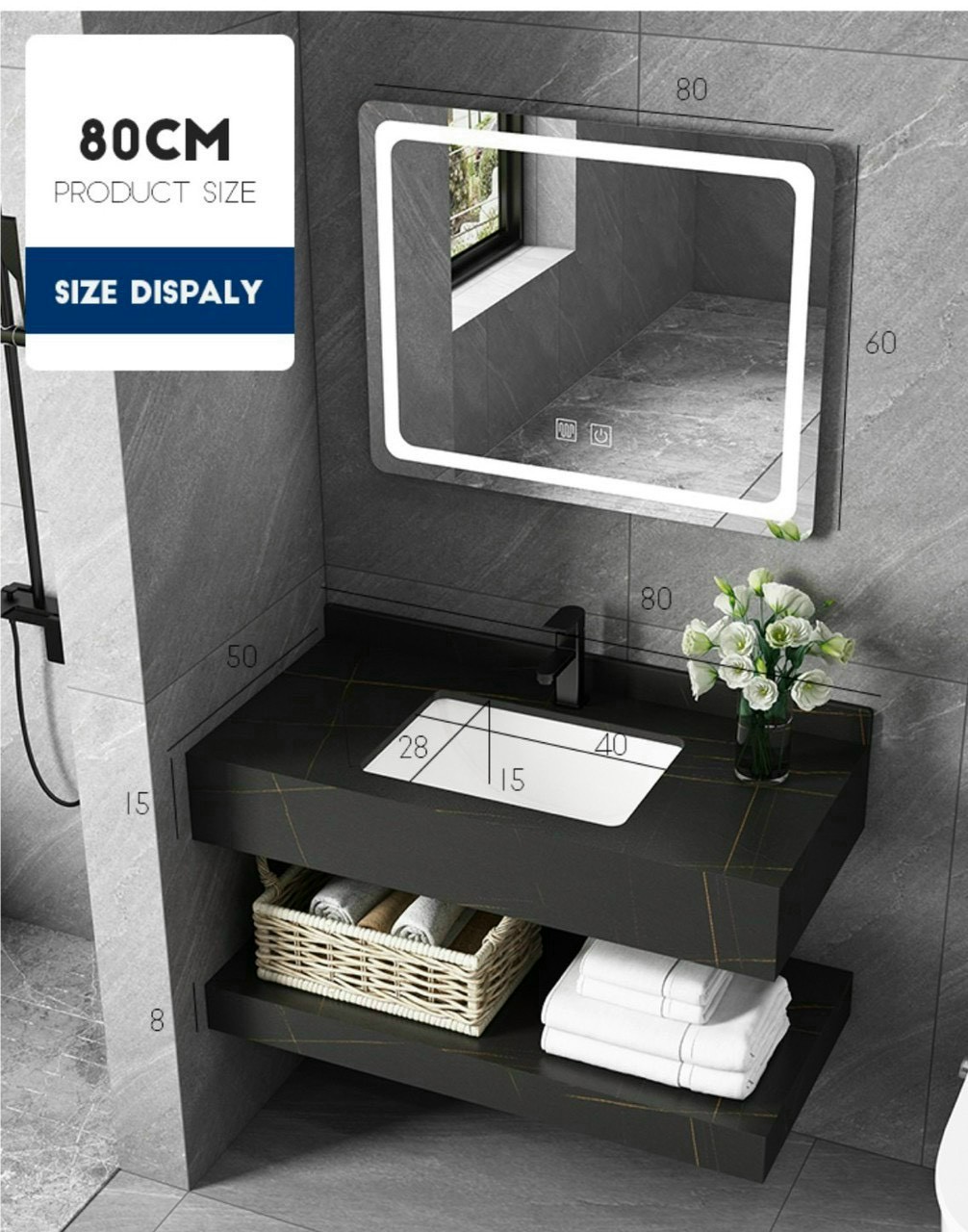 Bộ tủ bàn lavabo bằng đá chống trầy xước, màu đen, trắng, xám sang trọng, dài 80x50 kèm gương led