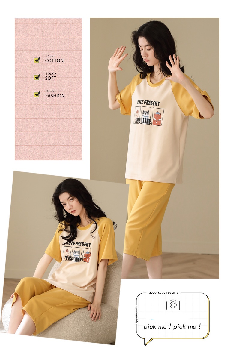 Đồ bộ mặc nhà cotton nữ tay ngắn quần lửng hình hoạt hình 295