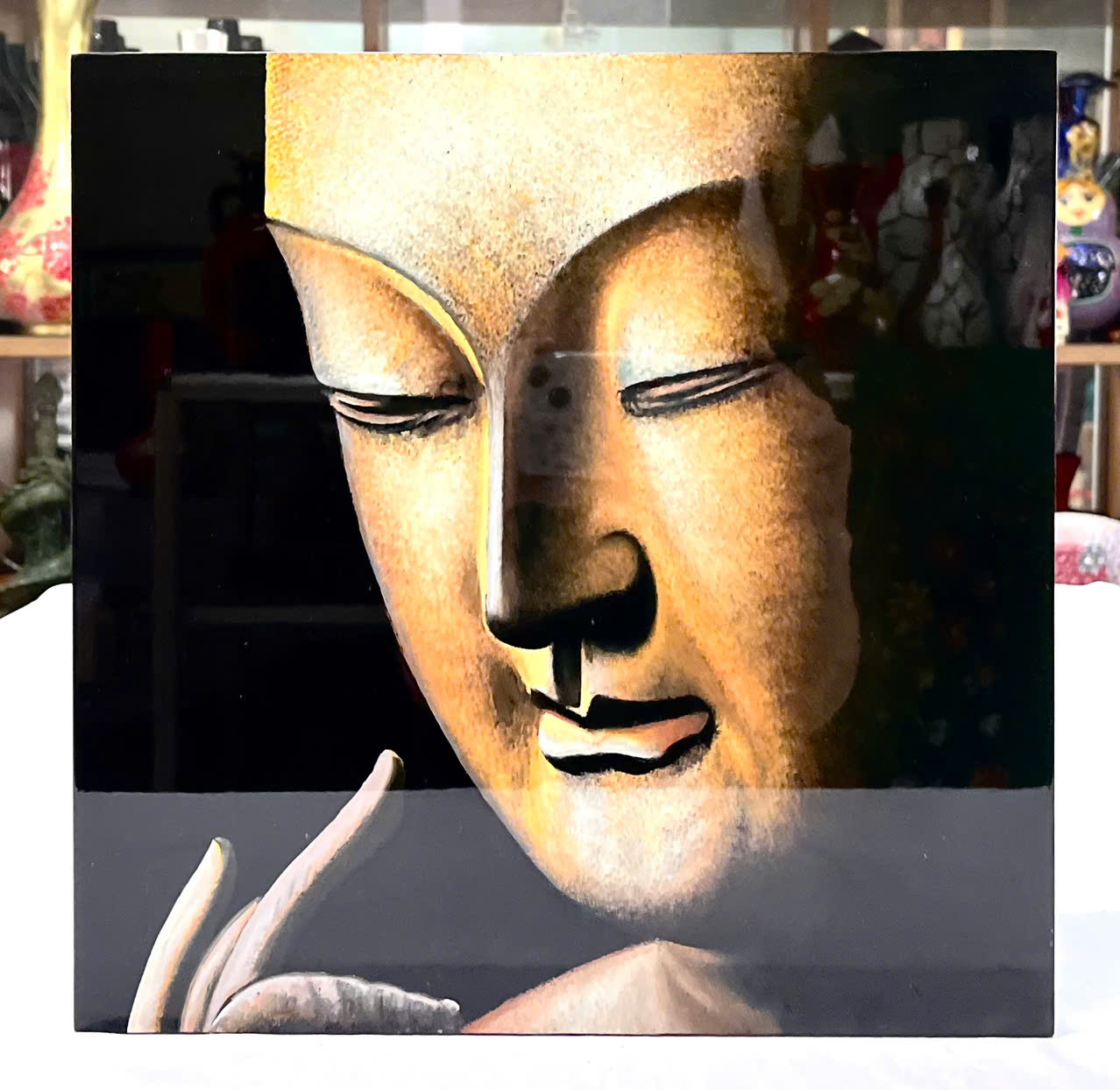 Tranh sơn mài vẽ tay Tượng Phật cao cấp Thanh Bình Lê size 38x38 cm treo tường, trang trí nhà cửa, văn phòng, quà tặng