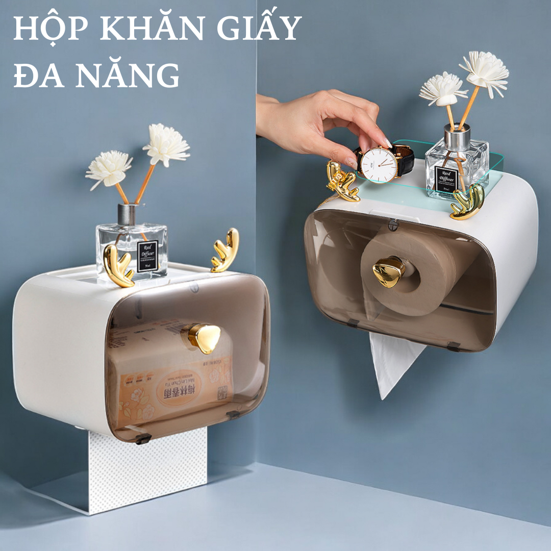 Hộp đựng khăn giấy, hộp khăn giấy, nhựa PP hoạ tiết sừng nai dễ thương, màu trắng sang trọng