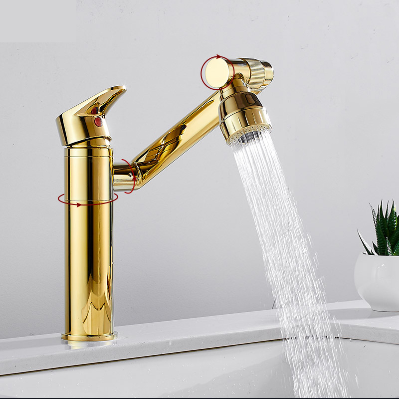 Vòi rửa mặt Lavabo cổ xoay 720 độ đa chiều, củ đồng, thân ngắn mạ vàng, điều chỉnh nhiều chế độ tia nước Minh House