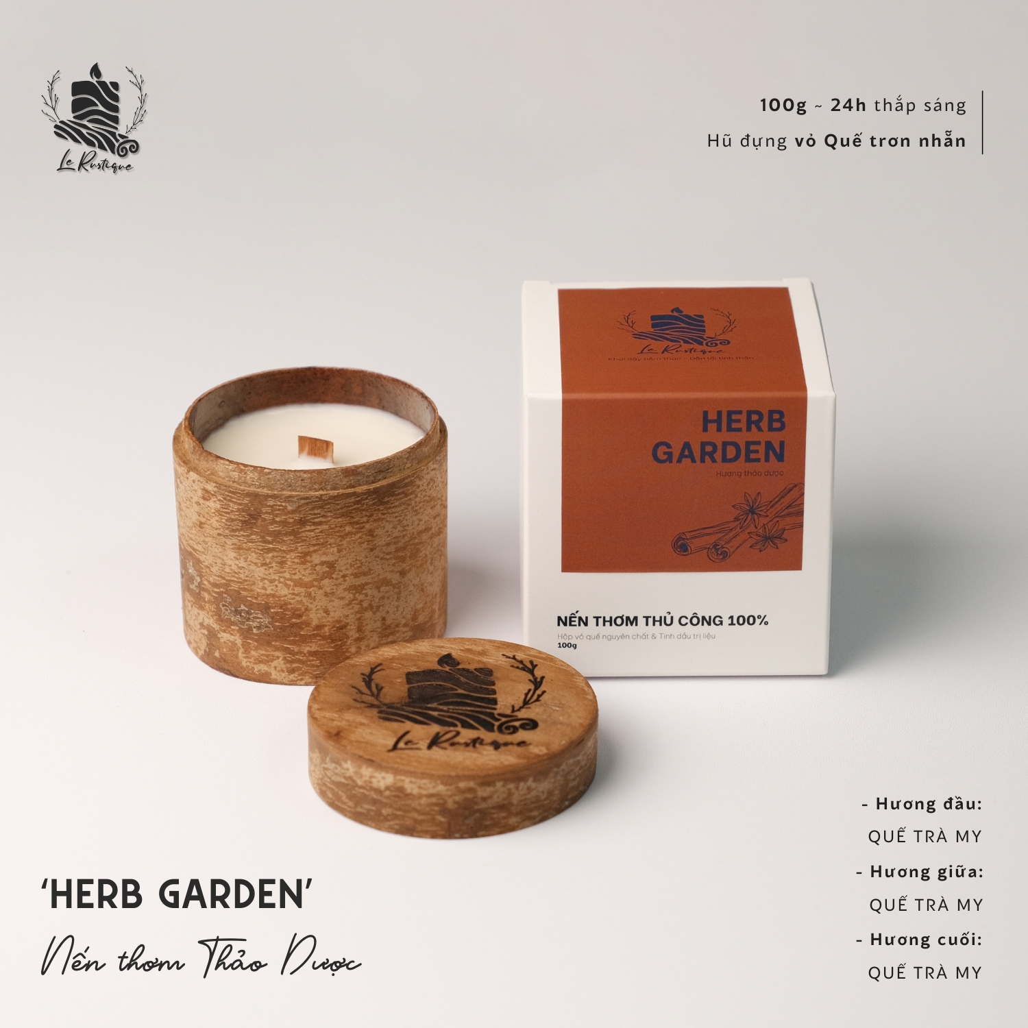 Nến Thơm Thủ Công Le Rustique Mùi Thảo Dược (Herb Garden) - 100g/ 200g - Hũ Nến Vỏ Quế Tự Nhiên - Có Kiểm Định Chất Lượng - Nến Thơm Thư Giãn Trị Liệu - Nến Thơm Thiên Nhiên