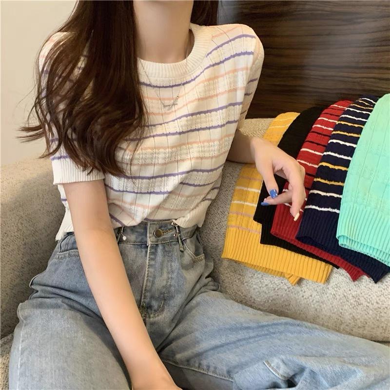 MS240 Áo len cộc tay cổ tròn kẻ ngang bo gấu