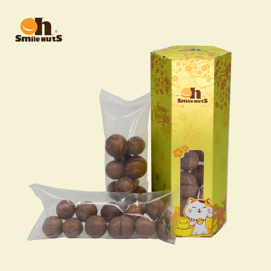 Hạt Macca Úc Smile Nuts nứt vỏ thượng hạng hộp 160g _ Hạt Macca Úc giúp bảo vệ tim mạch, hỗ trợ trao đổi chất và chống oxy hóa, vị thơm ngọt béo bùi, đảm bảo không hôi dầu _ Quà tết hộp lục giác 2023