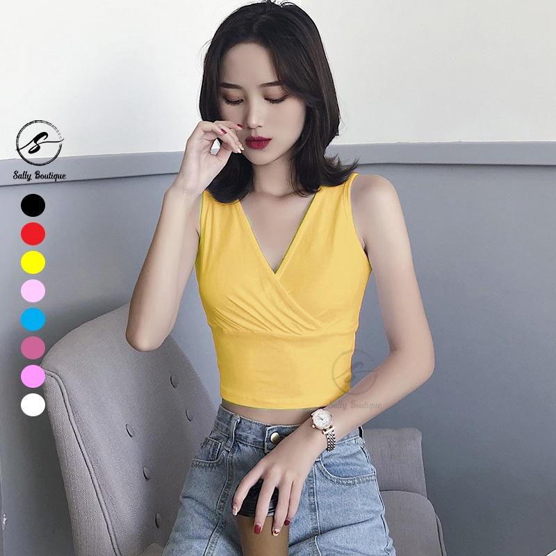 Áo Croptop Sát Nách Cổ Đắp Chéo Quyến Rũ Ôm Body Tôn Dáng Vải Cotton Co Giãn Nhiều Màu Lựa Chọn Sally Boutique-CRT004