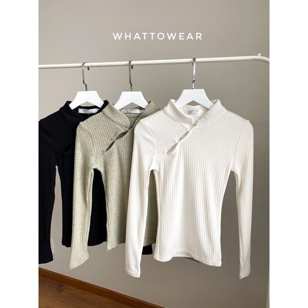 Áo thun len gân tay dài cổ sườn xám cut out lệch
