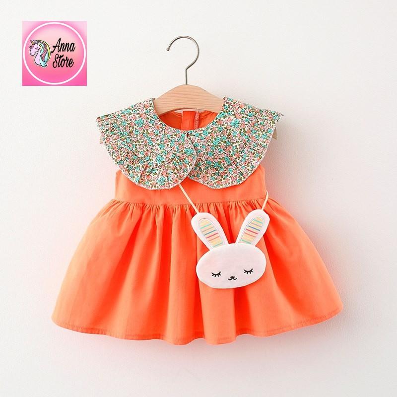 Váy Đầm Bé Gái Mùa Hè Thỏ, Sát Nách, Cổ Sen Phối Viên Dáng Xòe , thời trang tre em Anna store