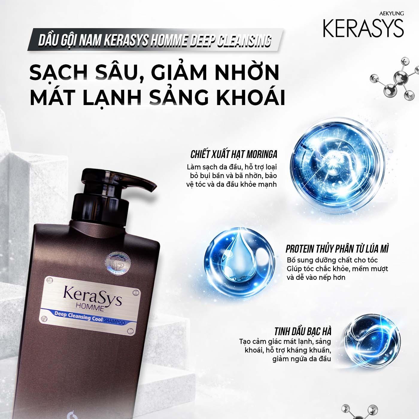 Dầu gội nam cao cấp Hàn Quốc Kerasys homme deep cleansing cool - Nam (bạc hà) (Tinh chất bạc hà mát lạnh, tạo nếp tóc) 550ml