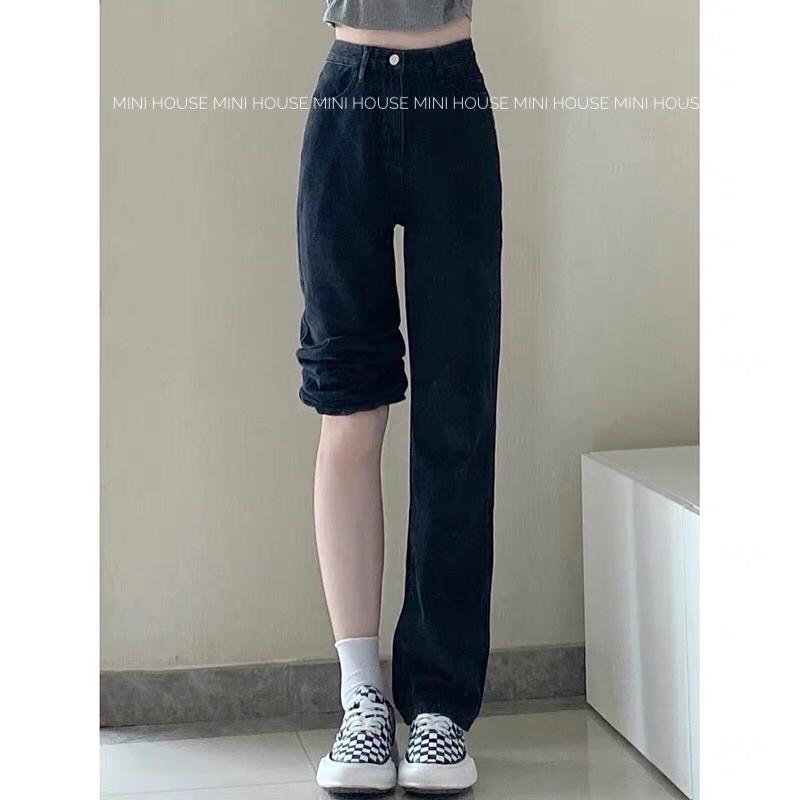 Quần jean ống rộng suông lưng cao màu đen
