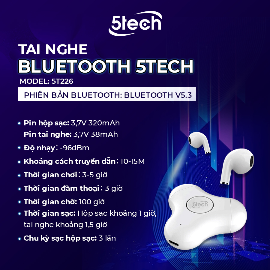 Tai nghe bluetooth , tai nghe không dây 5TECH 5T226 hàng chính hãng chống nước , pin trâu tích hợp con xoay 3 cánh giúp xả stress , giảm căng thẳng mệt mỏi