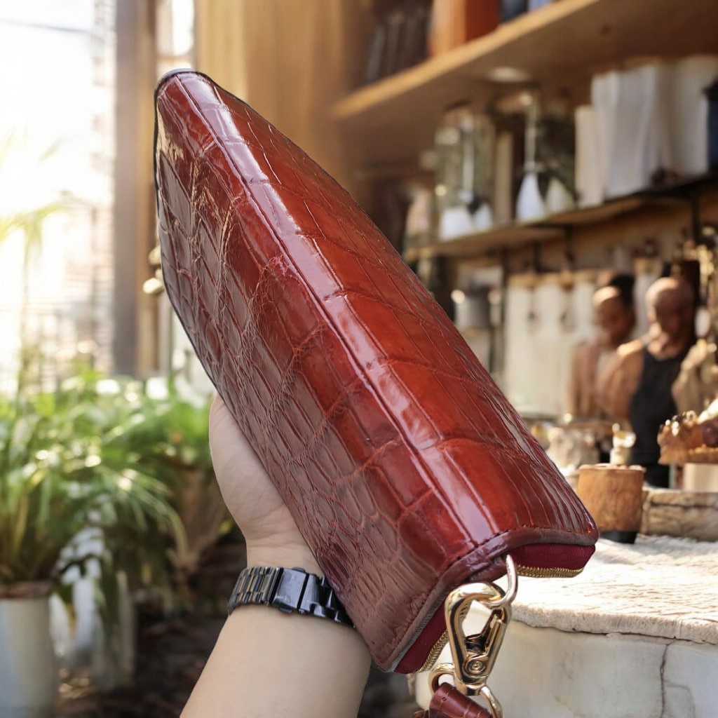 Ví dài 1 khóa gọn nhẹ dễ sử dụng. Da bụng cá sấu trơn!