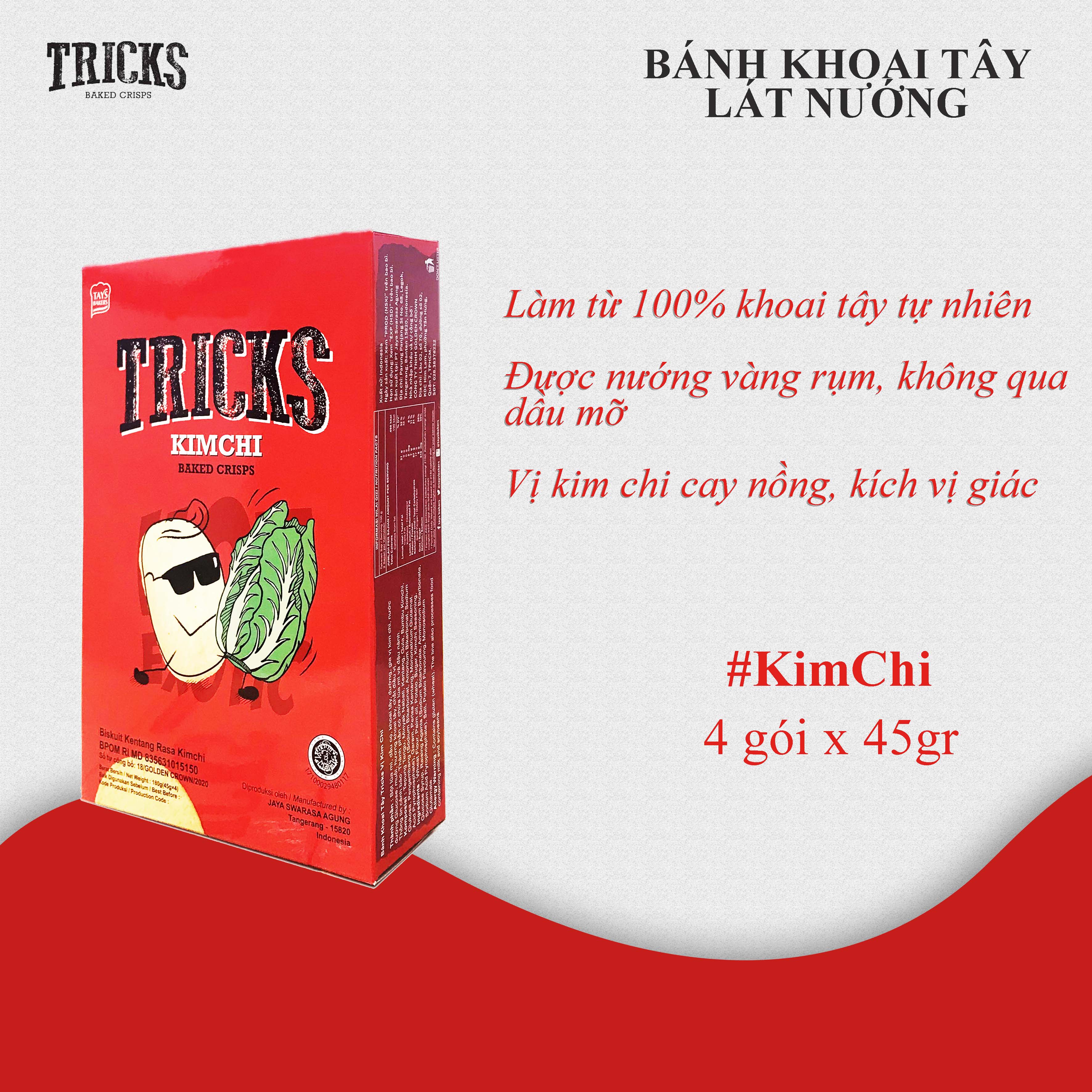 Bánh Crackers Khoai Tây Nướng Tricks Vị Kim Chi 180g (4 gói x 45g)