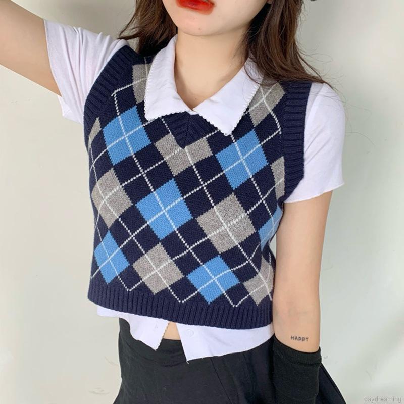 Áo Tank Top Dệt Kim Cổ Chữ V Kẻ Sọc Màu Tương Phản Cá Tính Cho Nữ
