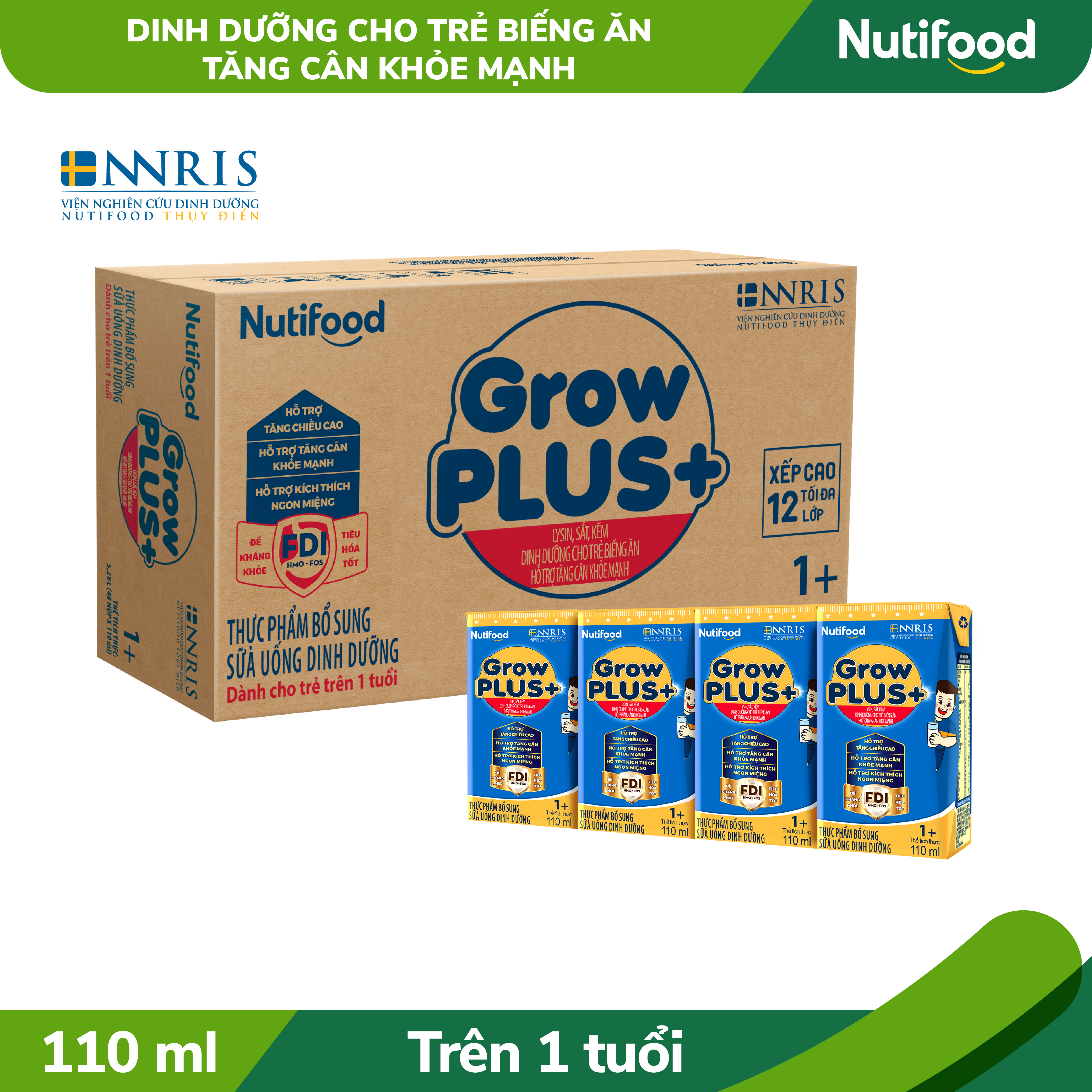 Thùng Sữa bột pha sẵn GrowPLUS+ Biếng ăn (XANH) cho trẻ tăng cân khoẻ mạnh 1+ (48 hộp x 110ml)
