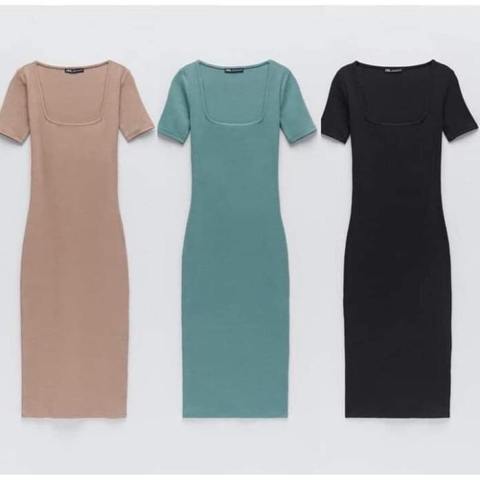 Váy body tăm cổ U hai màu siêu tôn dáng