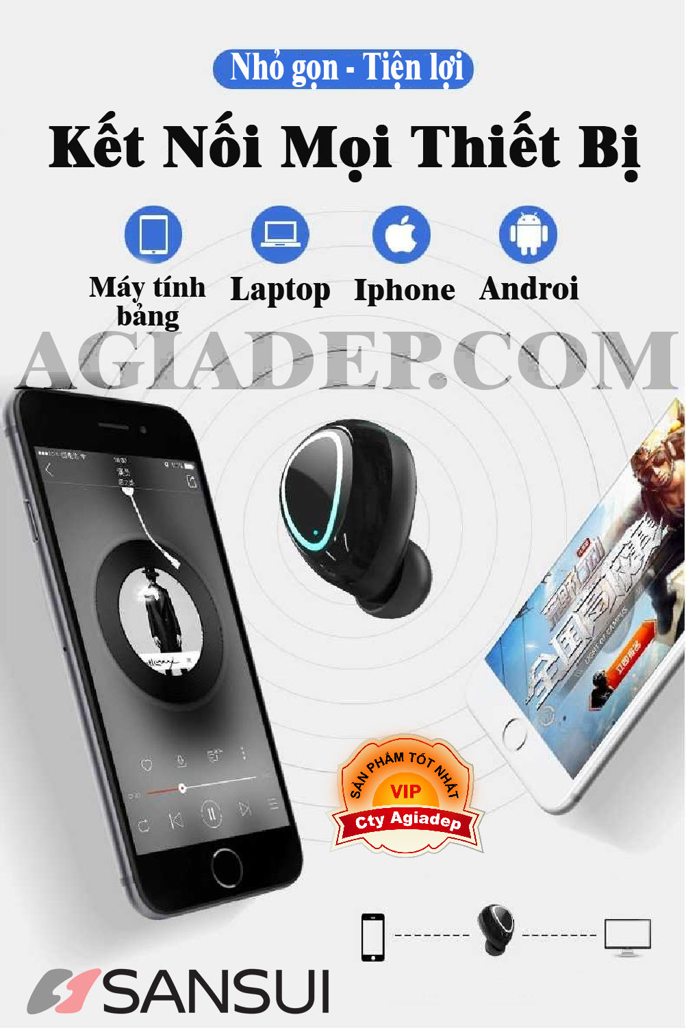 Tai nghe Bluetooth không dây 5.0 Cảm ứng Hàng hiệu Sansui (Âm thanh HiFi tuyệt hảo) Gồm Dock sạc gấp gọn hiện đại