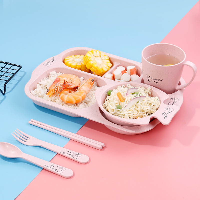 Bộ Khay chia đồ ăn chất liệu lúa mạch 6 món gồm khay, bát, thìa, dĩa, đũa , khay tạo hình TR1505