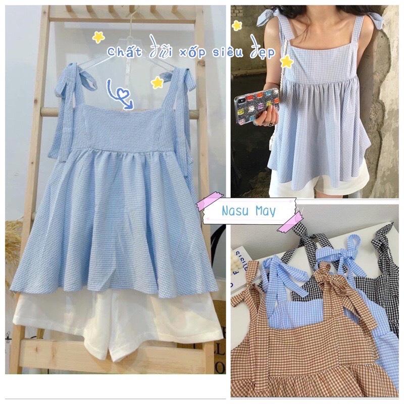 Sét áo 2 dây babydoll kẻ xanh và quần sooc siêu xinh
