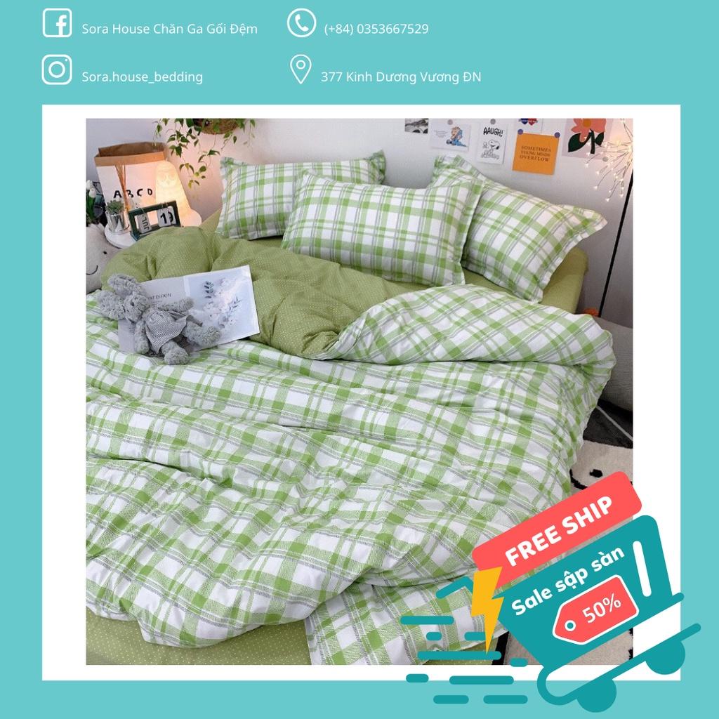 Bộ chăn ga poly kẻ caro xanh lá