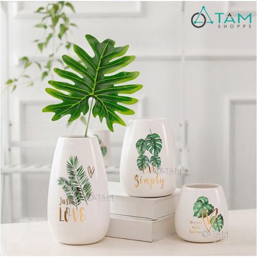 Lọ hoa đẹp gốm trắng họa tiết nhiệt đới số 50