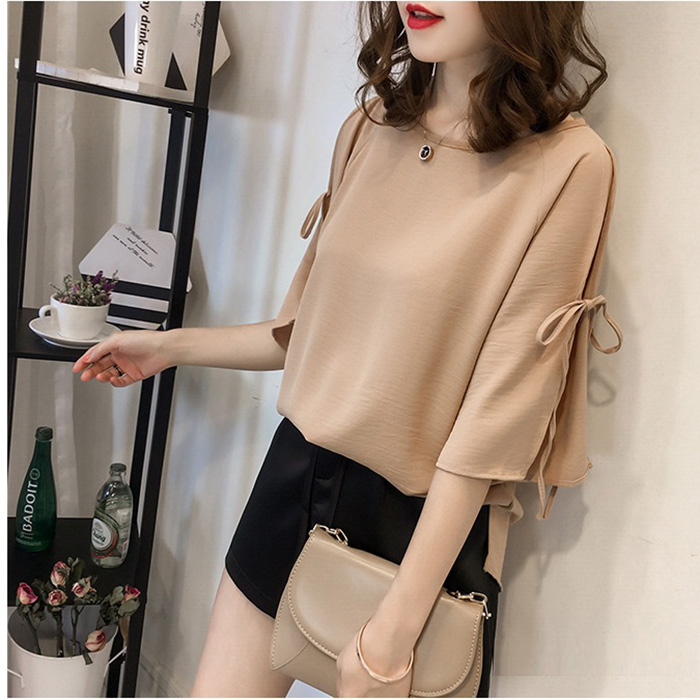 Áo kiểu nữ cổ tròn chiffon tay thắt lơ điệu đà LAHstore, thời trang hè thu 2022 - Màu da