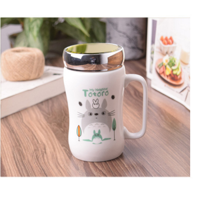 Ly sứ giữ nhiệt có nắp gương, cốc in hình totoro dễ thương dung tích 450ml mã CS05 - giao họa tiết ngẫu nhiên