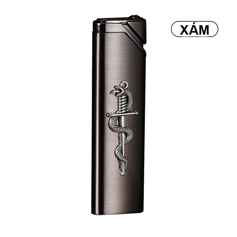 Bật Lửa Khè Bóng Trơn Đính Charm Hình Rắn - Xài Gas