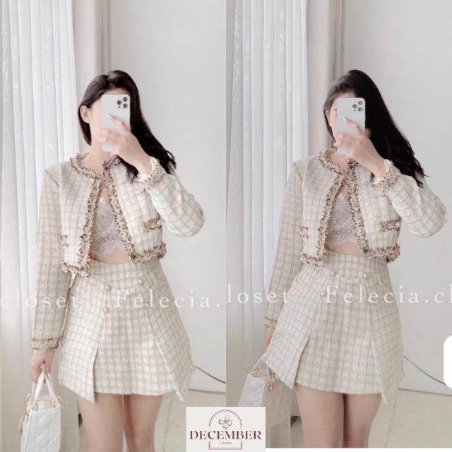 Set dạ tweed nhũ viền màu vàng đồng siêu xinh (hàng sẵn)- December Fashion