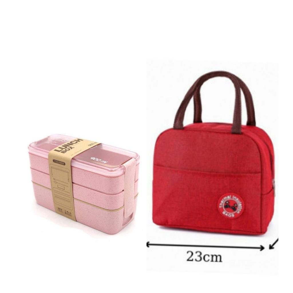 Combo hộp cơm lúa mạch 3 tầng 900ml+túi giữ nhiệt trơn logo gấu- Hộp cơm size ngang 17.5cm x cao 11cm x rộng 7.5cm