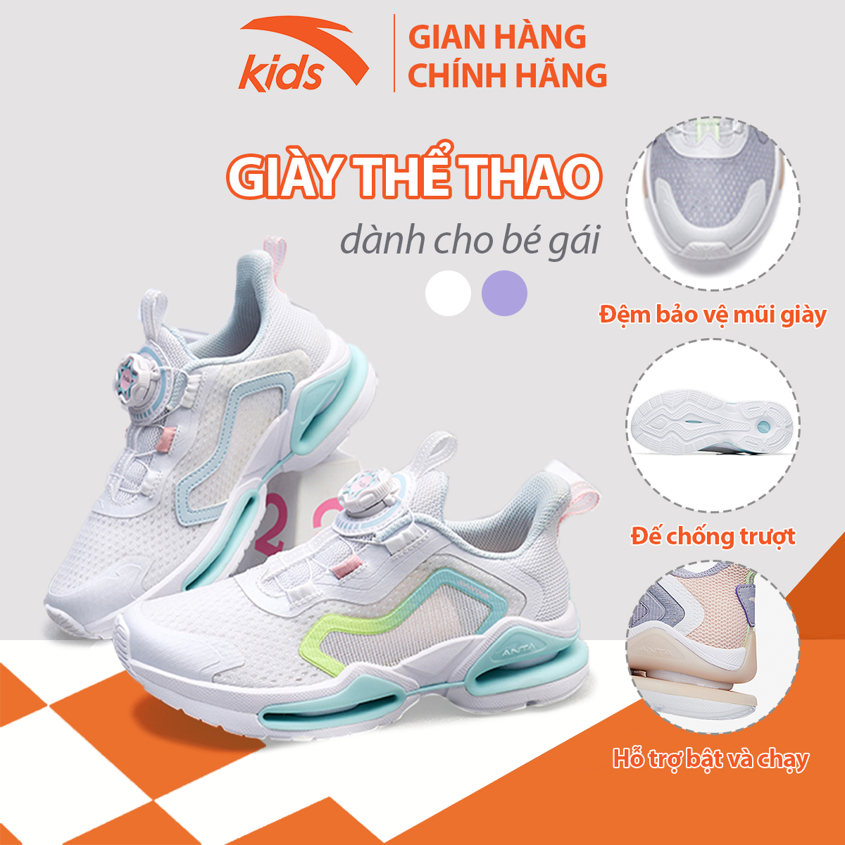 Giày thể thao bé gái Anta Kids, dòng chạy, thiết kế khóa habu tiện lợi, mặt lưới thoáng khí 322235571