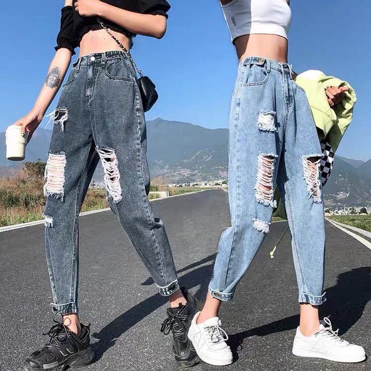 Quần jean nữ baggy lưng cao, quần bò baggy rách độc đáo có bigsize JB08