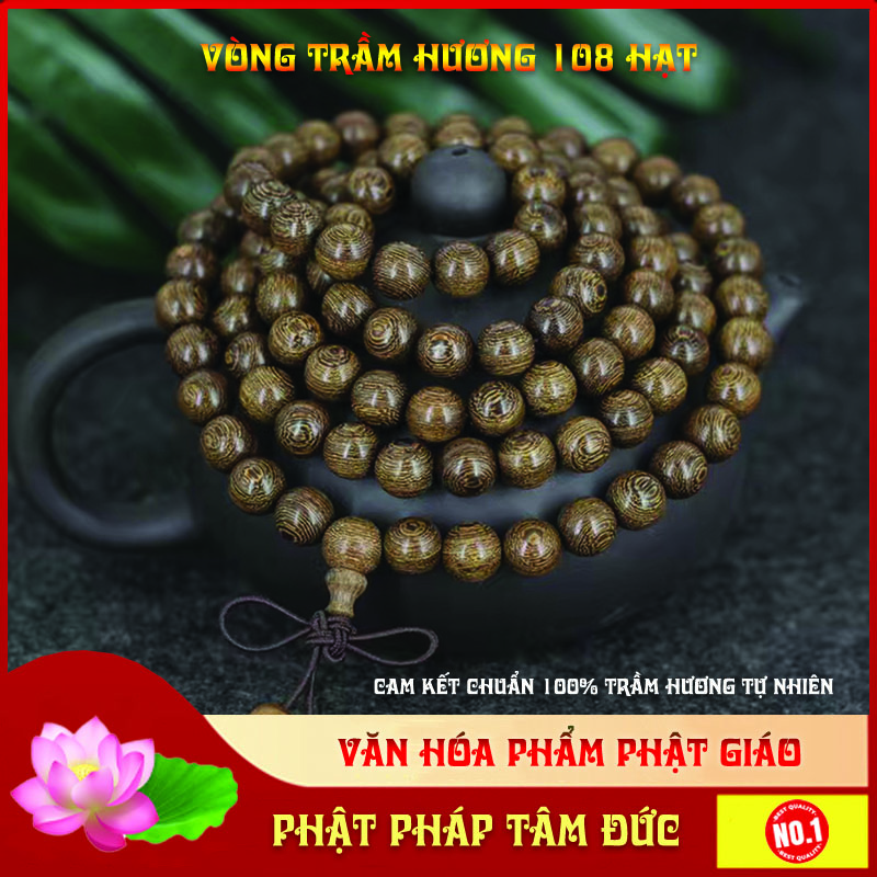 Vòng trầm hương 108 hạt, chuỗi tràng 108 hạt trầm hương chiêu tài hút lộc, xua đuổi tà khí