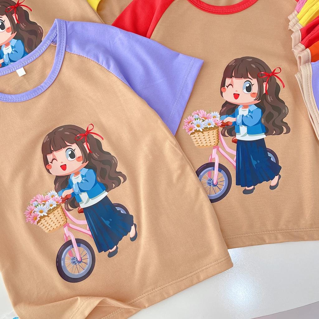 Bộ đồ bé gái-in BÉ GÁI XE ĐẠP-,chất vải thun co giãn 4 chiều từ 10kg đến 25kg-4BAO