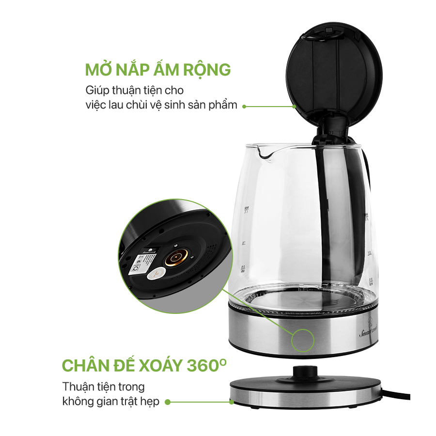 Ấm Đun Siêu Tốc Thủy Tinh Elmich Smartcook ICS-3859 1,7L 1850W, Hàng Chính Hãng, Tự Ngắt - Joymall