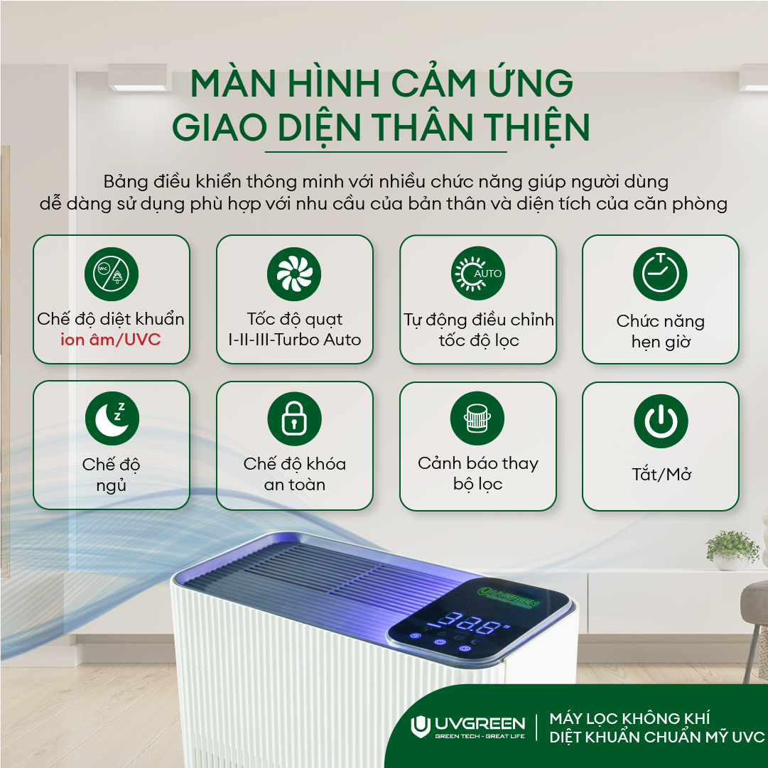 Máy Lọc Không Khí Diệt Khuẩn UVGREEN KA600 60m2 Hàng chính hãng - Công Nghệ UVC LED Từ Mỹ, Lõi HEPA H13 Lọc Sạch 99,97% Bụi Mịn