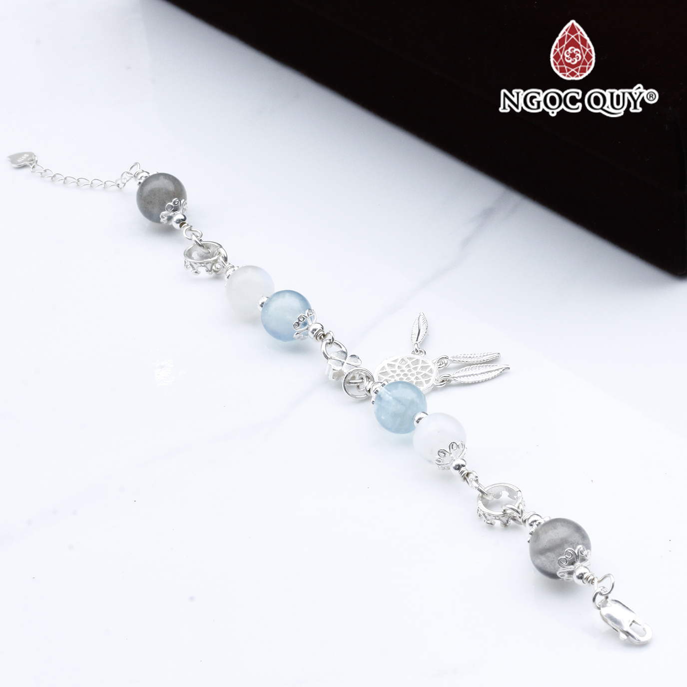 Vòng lắc bạc phối charm aquamarine và thạch anh trắng mệnh thủy, mộc - Ngọc Quý Gemstones
