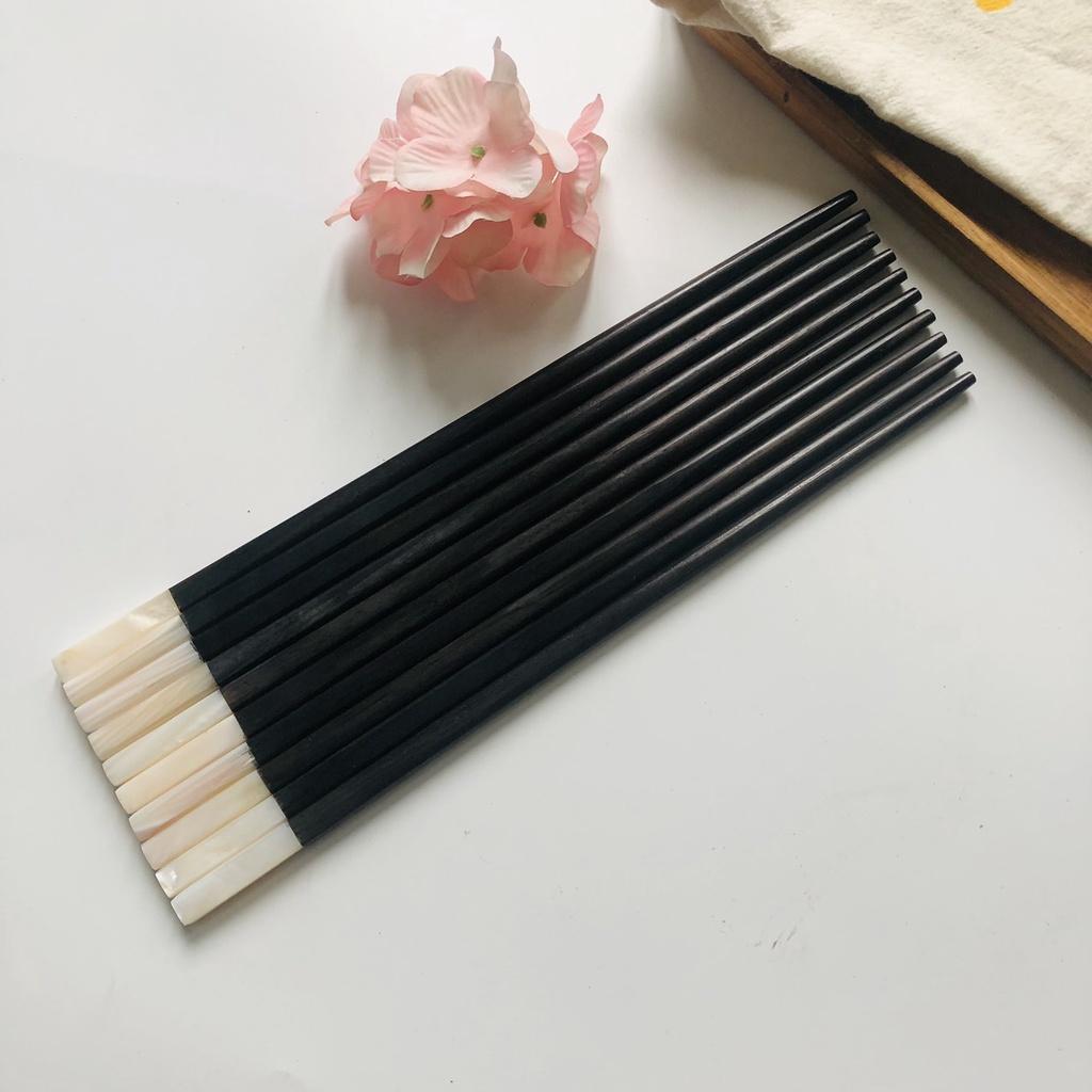 Đũa Gỗ Mun Cán Khảm Trai Trắng 25cm, Đũa Gỗ Ăn Cơm, Phụ Kiện Bàn Tiệc, Chụp Ảnh Trang Trí