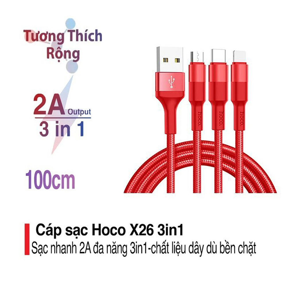 Cáp sạc nhanh 2A Hoco X26 kết nối Type-C/Micro/iPhone dây tròn tiện lợi dài 100CM cho Smartphone ( 3 màu ) - Hàng chính hãng