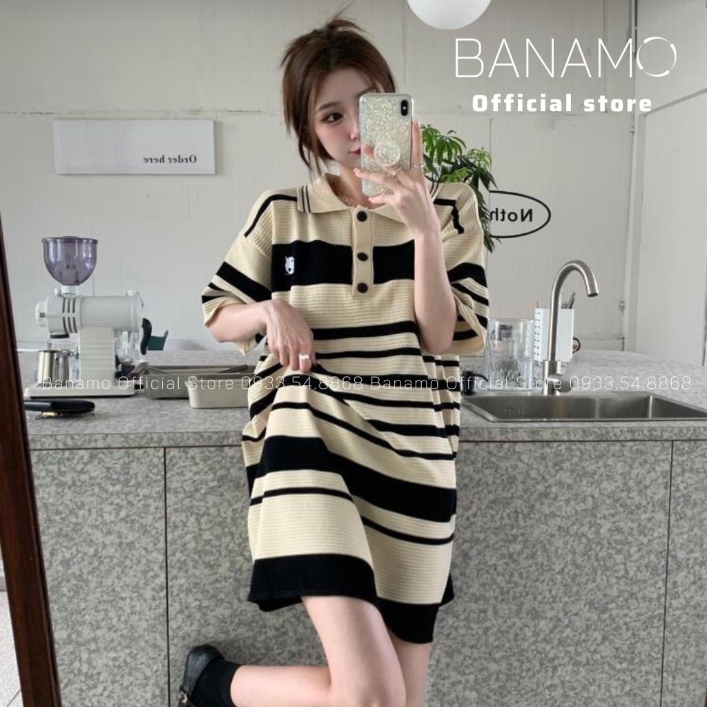 Đầm váy nữ polo dệt kim tay ngắn dáng rộng họa tiết kẻ ngang Thời Trang Banamo Fashion váy kẻ ngang 544